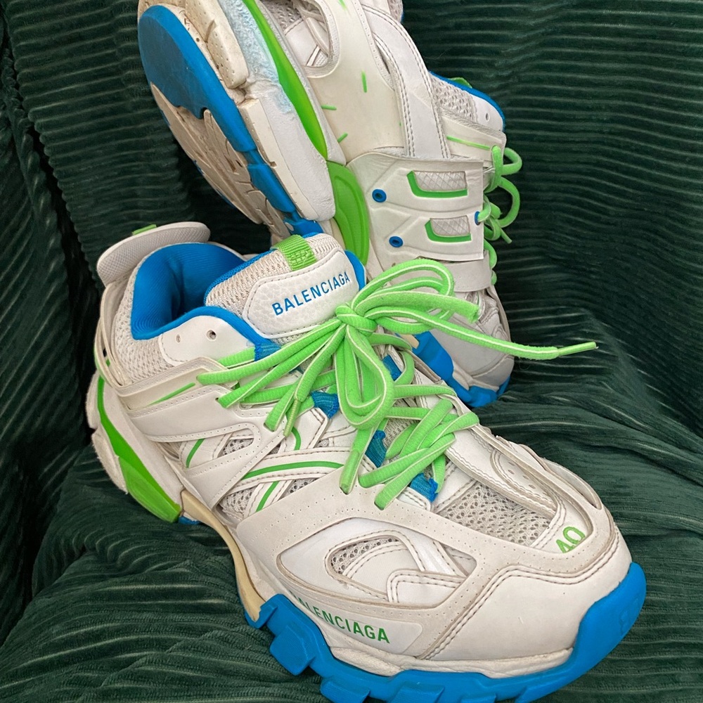 Balenciaga White Sneakers with Blue and Neon Green Highlights